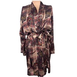 Y2K Victoria's Secret 100% Silk Paisley Plaid Kimono Robe Belted Lounge Wear M/L